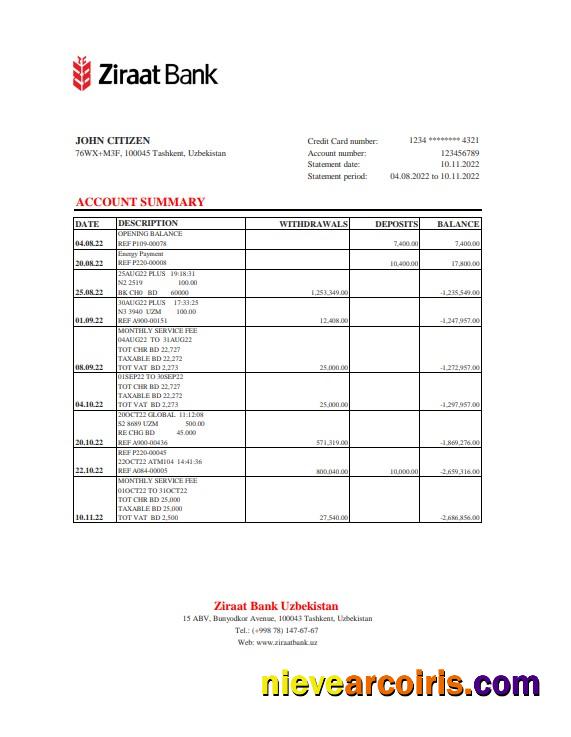 Uzbekistan Ziraat Bank statement, Excel and PDF format